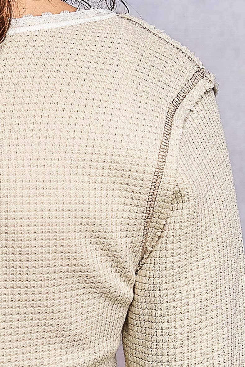 Pol Clothing Vintage Washing Solid Stitch Overlock Trim Knit Top