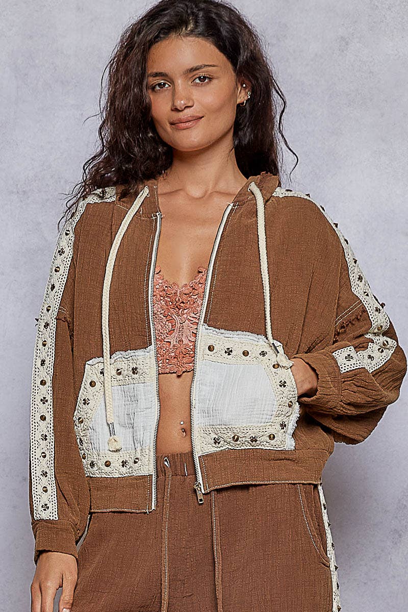 Pol Vintage Washing Double Gauze Stud Detail Hoodie Jacket