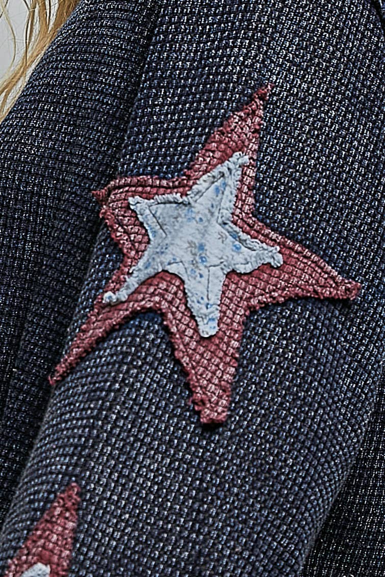 Pol Clothing Double Gauze Color Blocked Star Patch Solid Thermal Knit Top