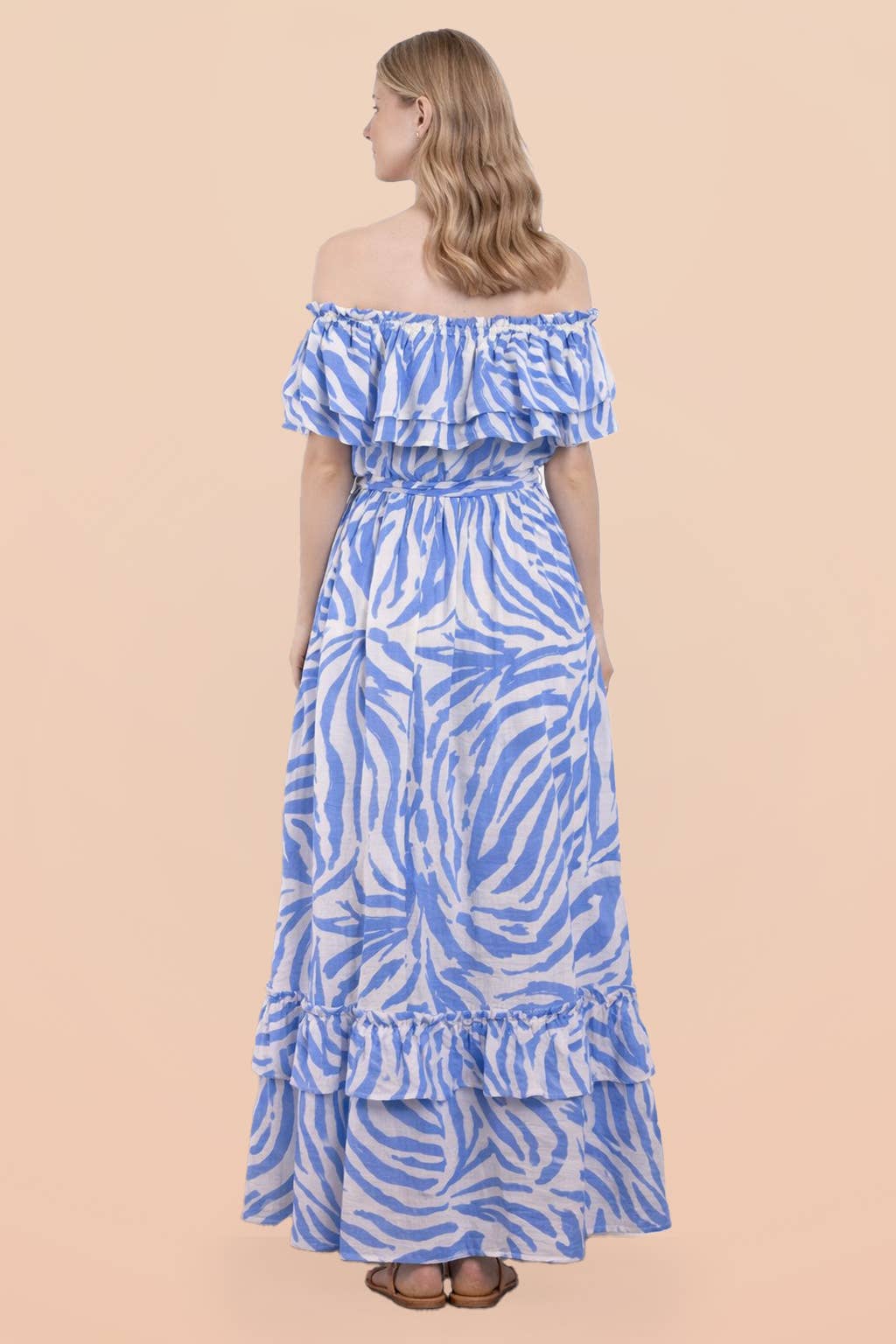 Zebra Printed Off Shoulder Maxi Resort Dress