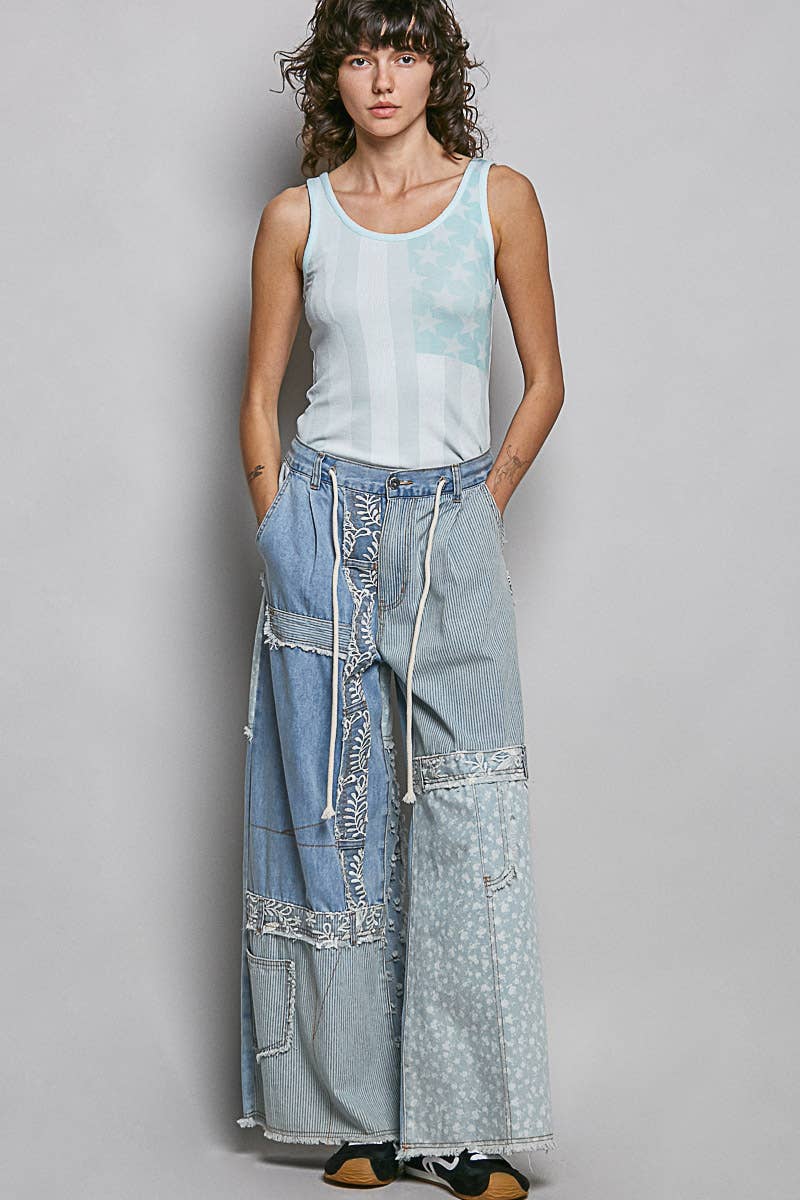 Pol Lace-Overlay Denim Pant