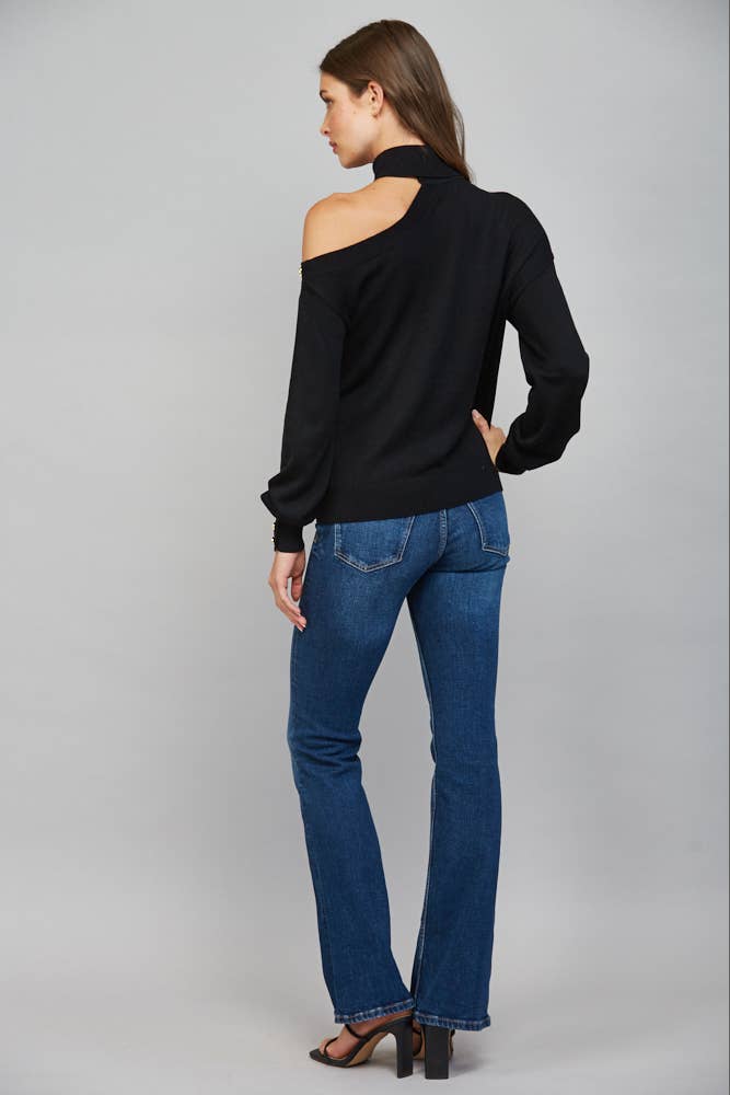 Asymmetrical One-Shoulder With Gold Button Detailing Turtleneck