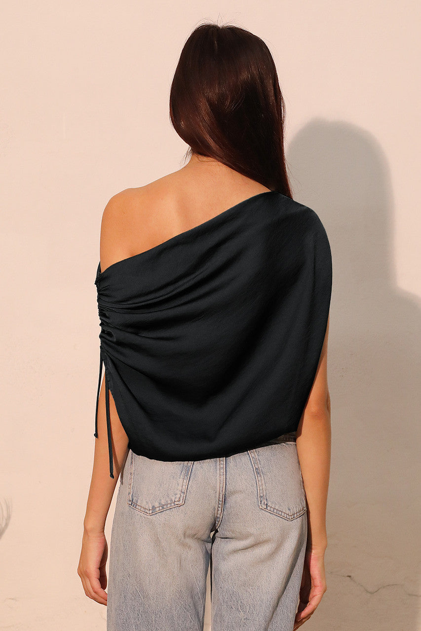 Tyche Washed Poly Silk Asymmetrical Drawstring Top