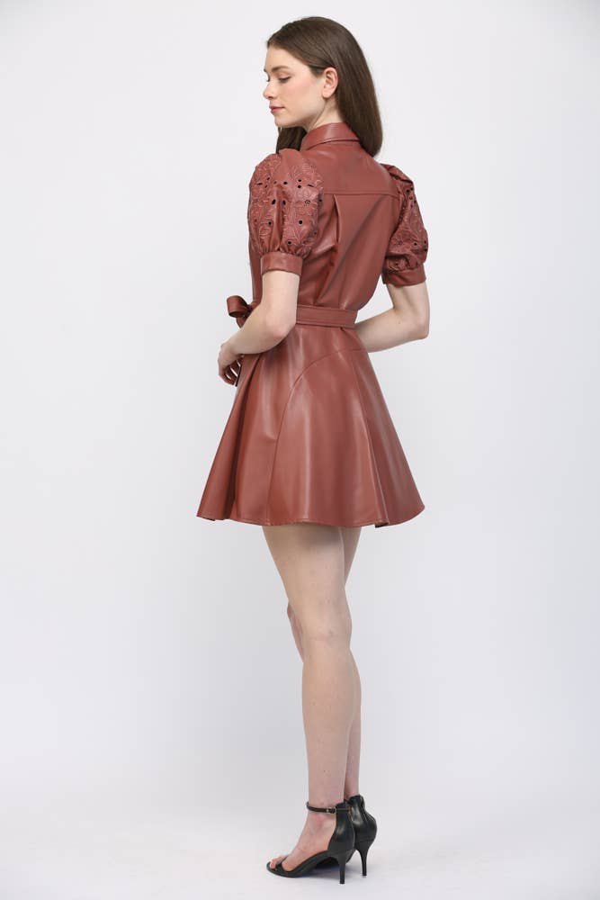 Faux Leather Embroidered Sleeve Dress