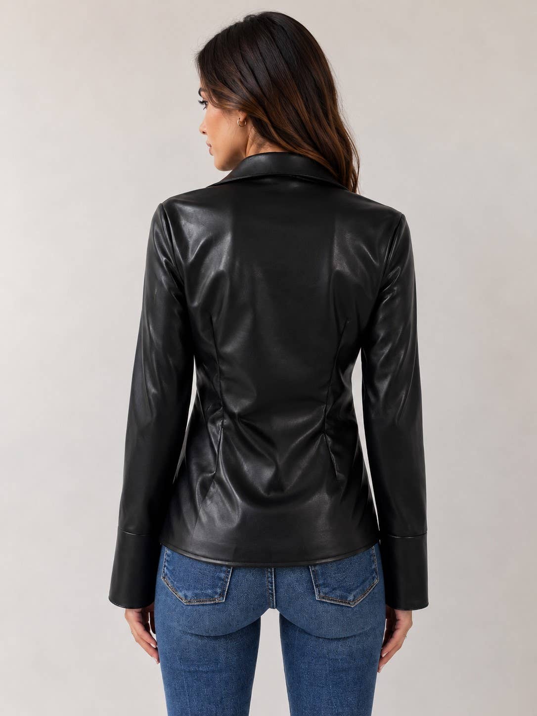 Twist Detail V-Neckline Faux Leather Blouse