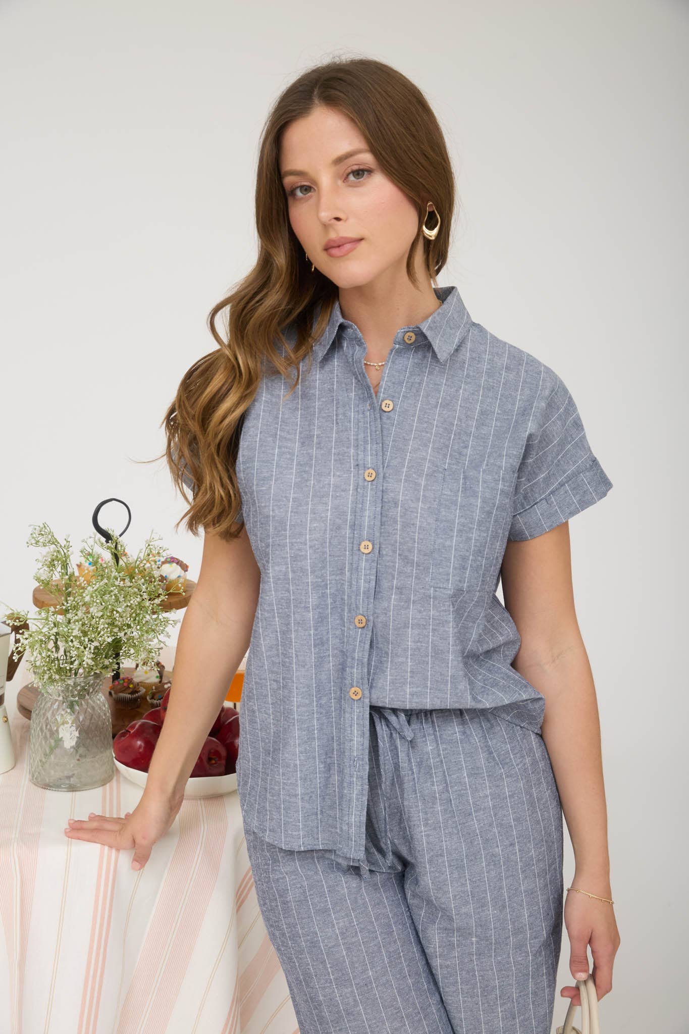 Blu Pepper Women's Stripe Cotton & Linen Button-Up Shirt - Gray