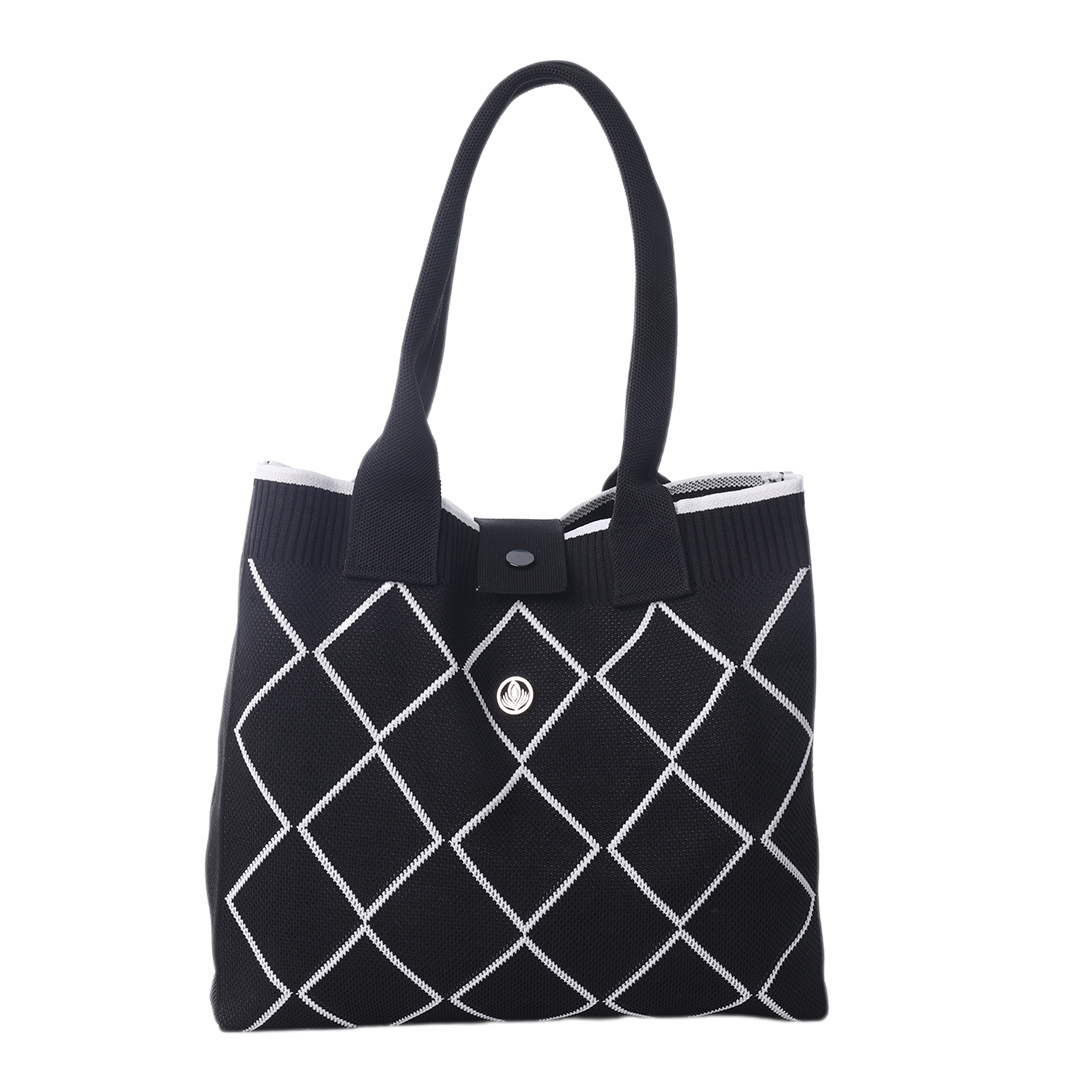 Black Knit Tote with White Diamond Pattern