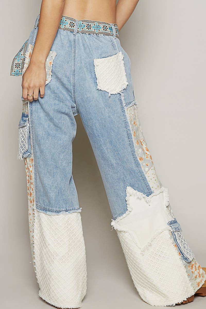 Pol Clothing Printed Patchwork Detail Woven Twill Pants