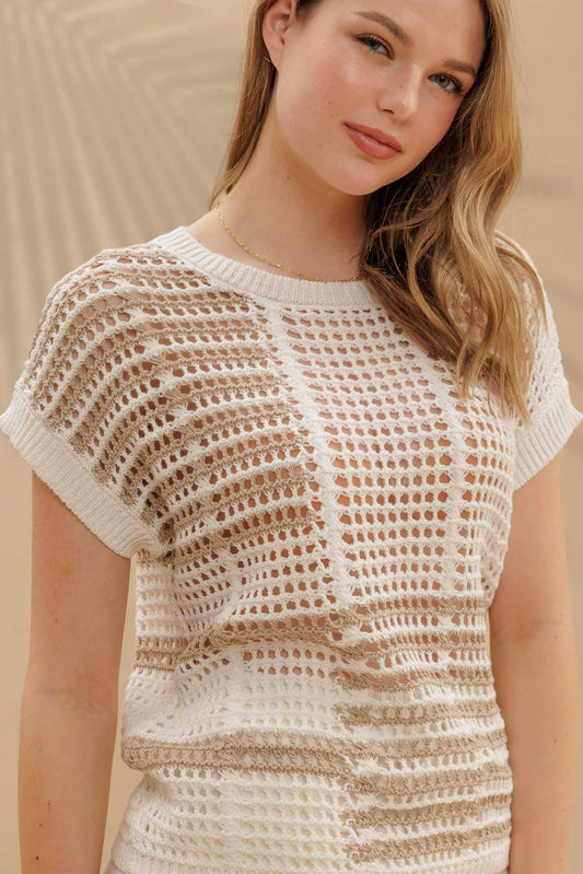 MULTI STRIPE SHORT SLEEVE SHEER CROCHET KNIT TOP