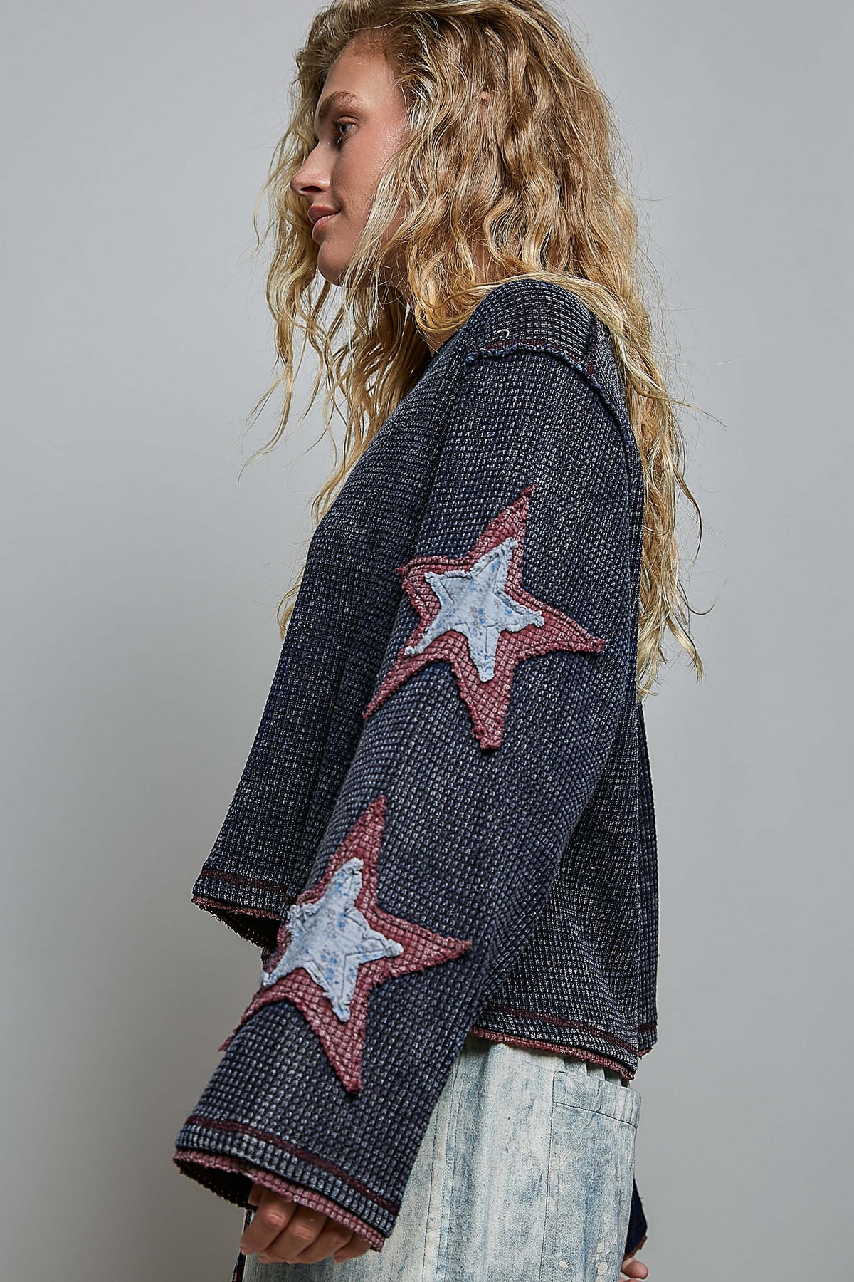 Pol Clothing Double Gauze Color Blocked Star Patch Solid Thermal Knit Top