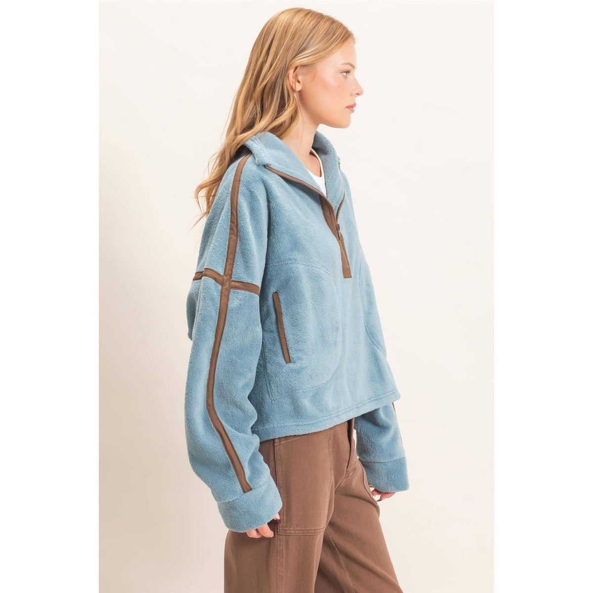 Contrast Trim Half-Zip Fleece Pullover