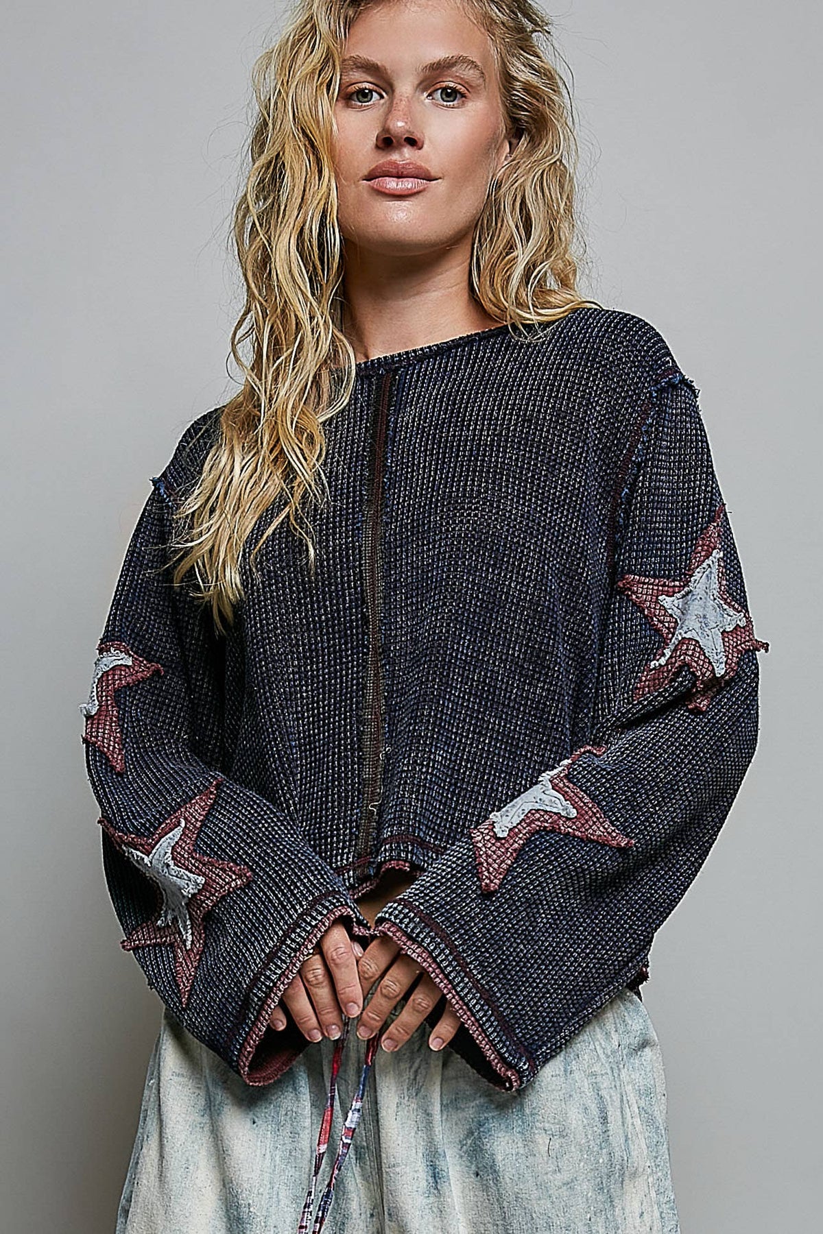 Pol Clothing Double Gauze Color Blocked Star Patch Solid Thermal Knit Top