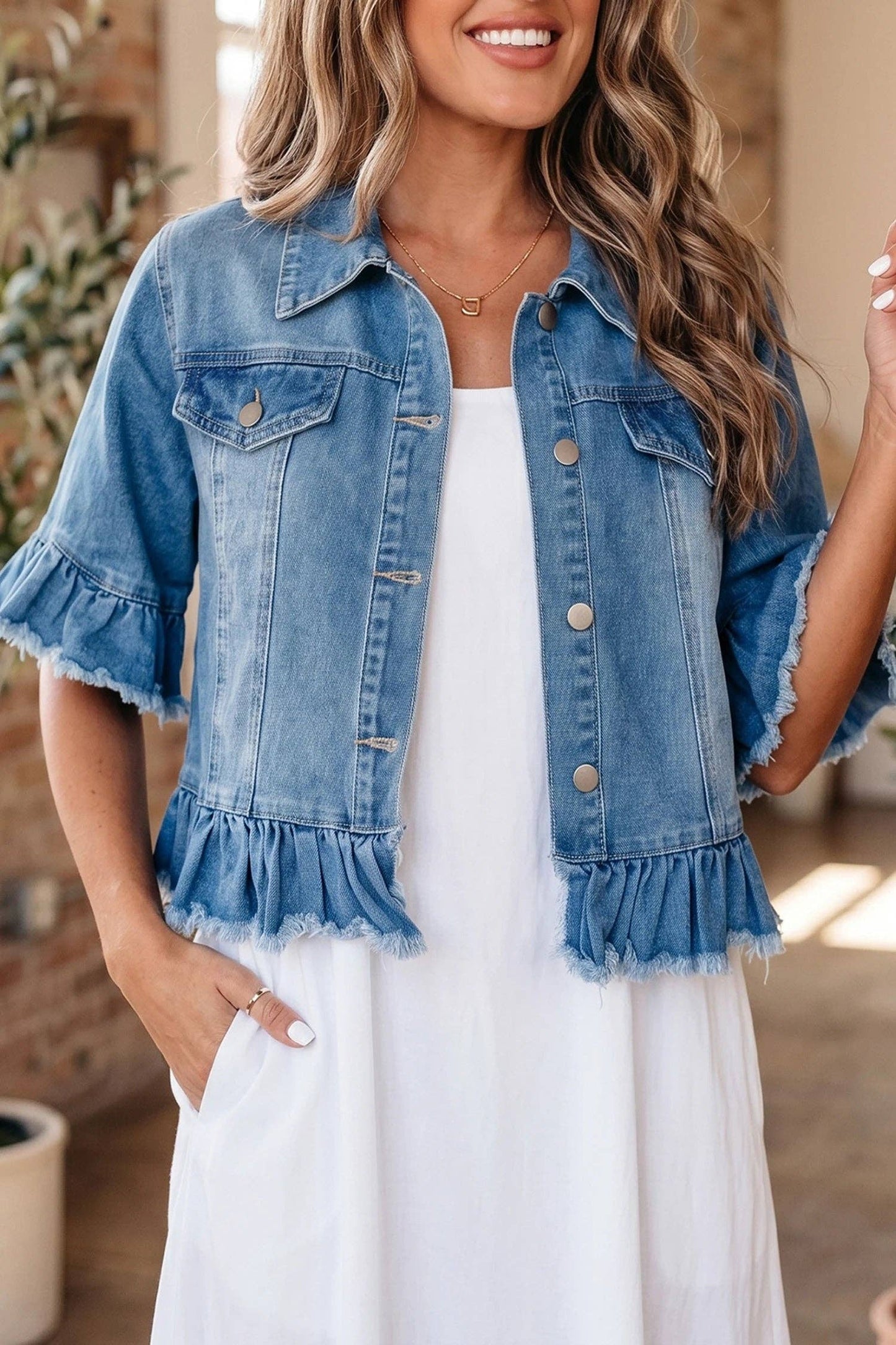 Ruffle Trim Cropped Western Denim Jacket Half Sleeve