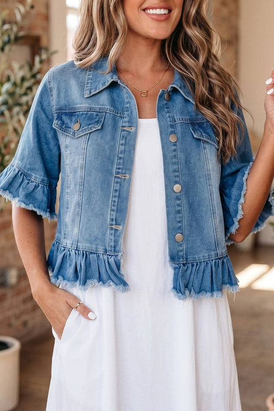 Ruffle Trim Cropped Western Denim Jacket Half Sleeve