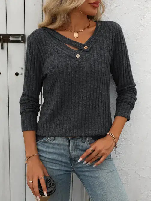 V-Neck Button Sweater with Long Sleeves