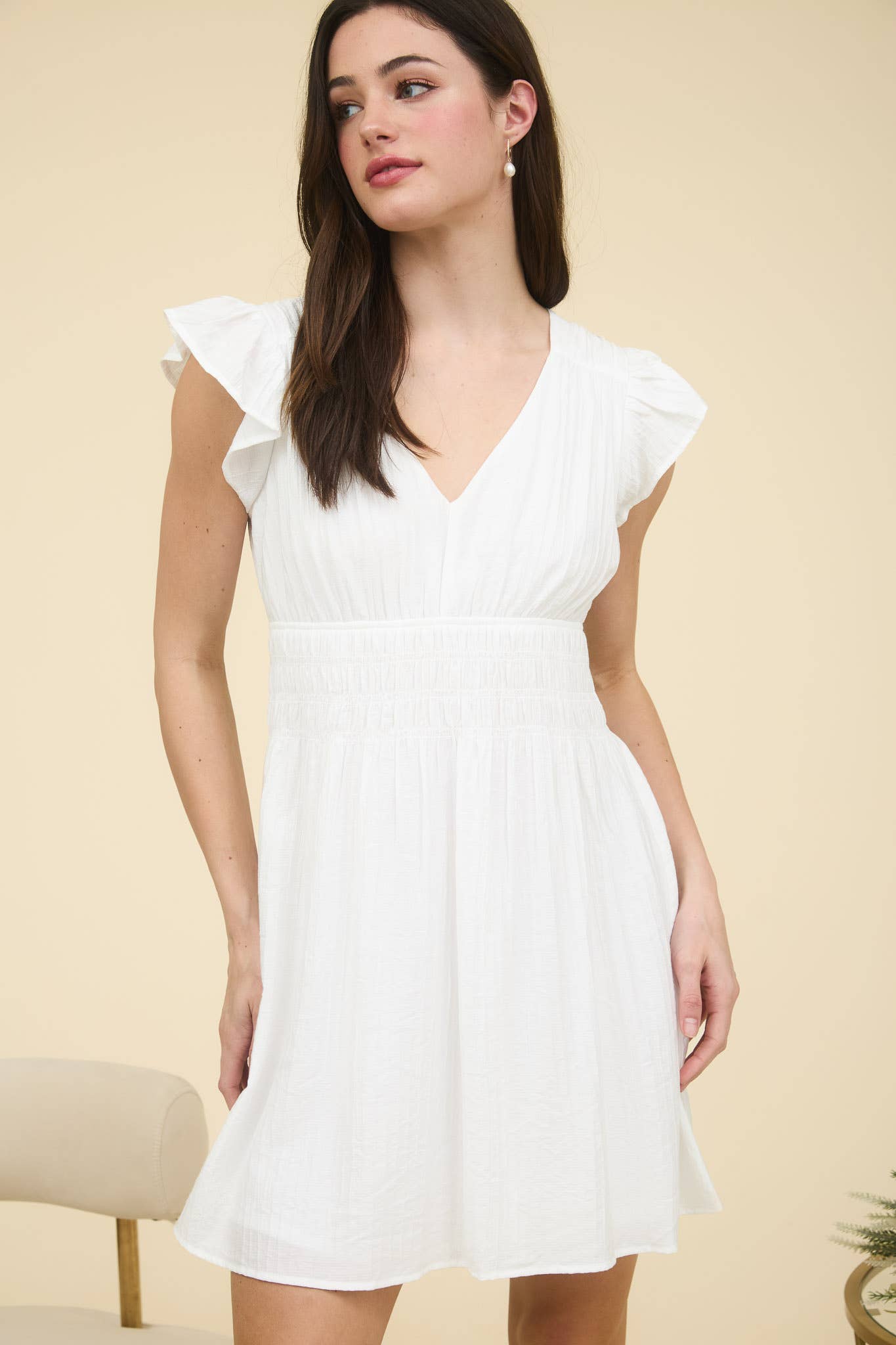 Blu Pepper V Neck Shirred Waist Ruffle Sleeve Mini Dress