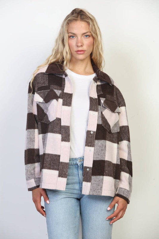 Wool Like Plaid Shacket With Contrast Corduroy Collar