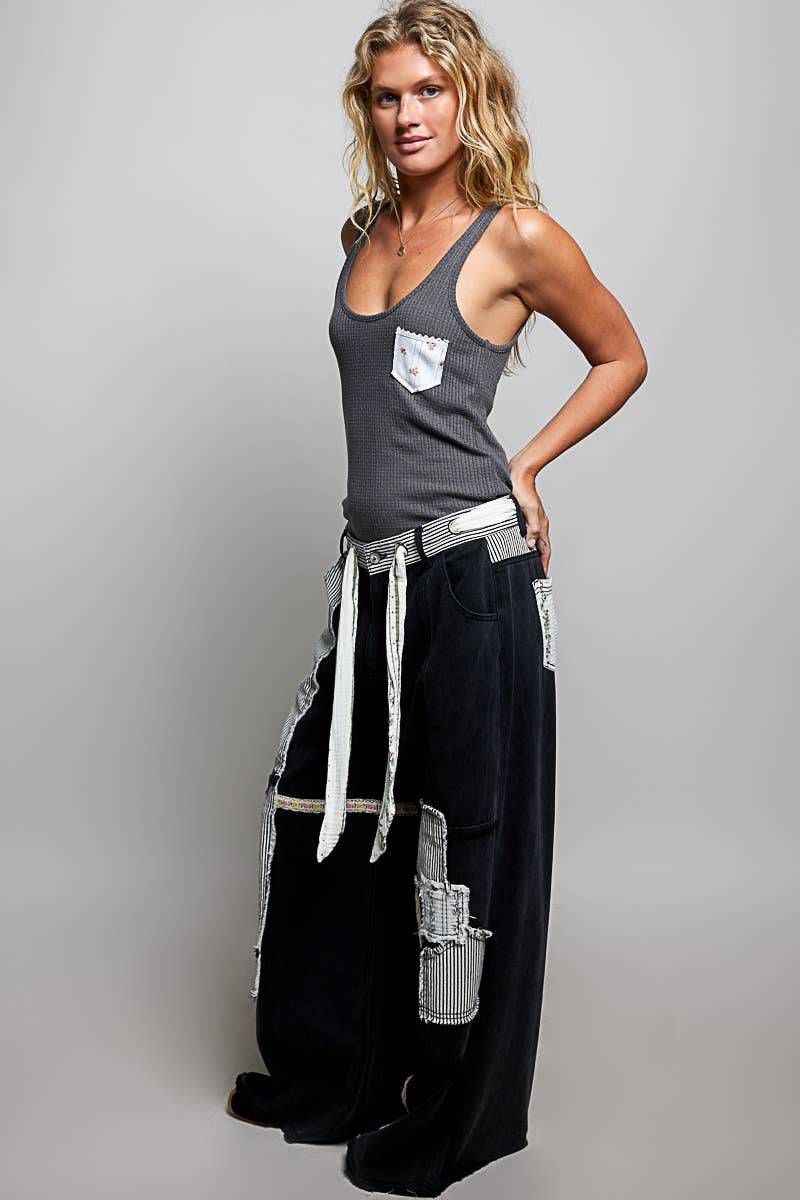Pol Clothing Stripe Patch High Rise Wide Leg Twill Pants