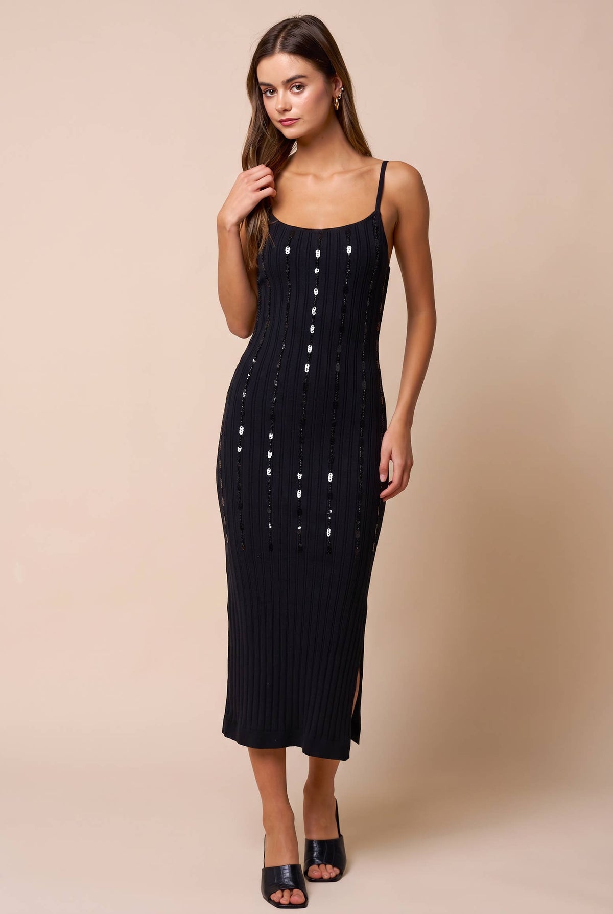 Sequin & Bead Ribbed Sweater Bodycon Mid Dress