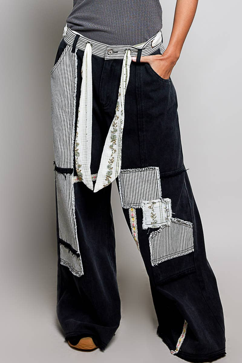Pol Clothing Stripe Patch High Rise Wide Leg Twill Pants