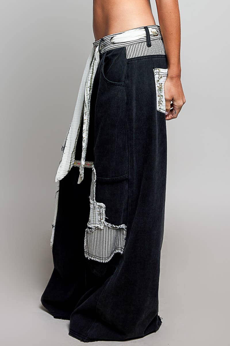 Pol Clothing Stripe Patch High Rise Wide Leg Twill Pants