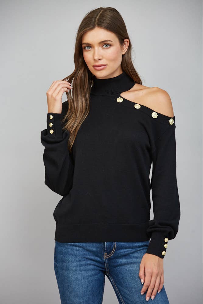 Asymmetrical One-Shoulder With Gold Button Detailing Turtleneck