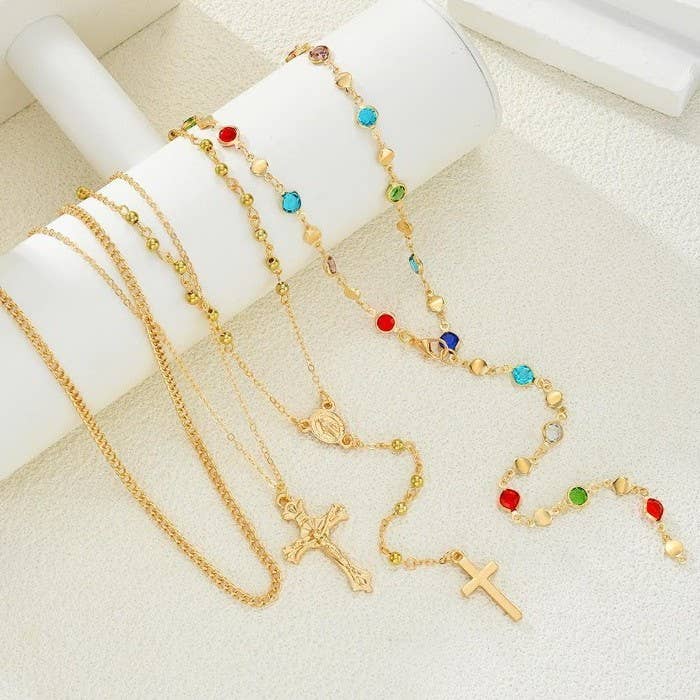 BOHO Y MULTI STONE CROSS LARIAT LAYER NECKLACE