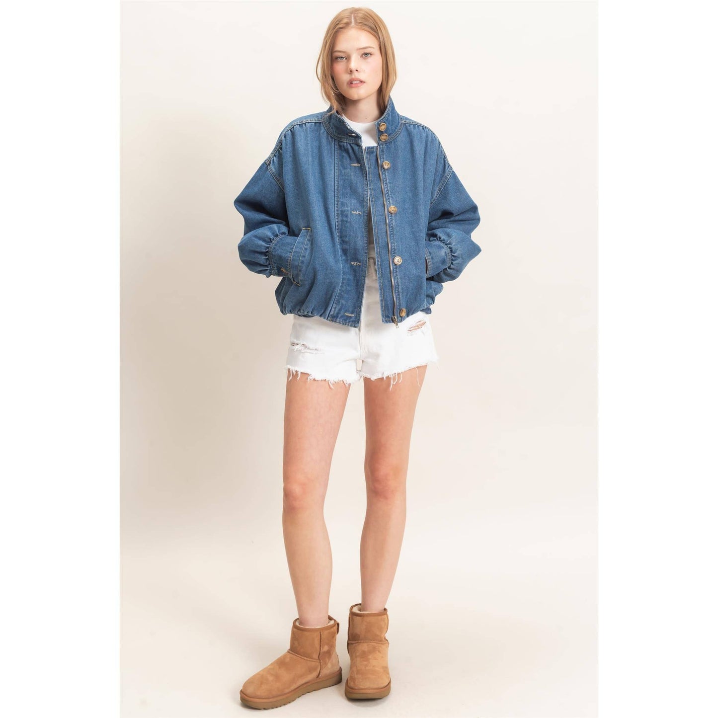 High Collar Denim Bomber Jacket