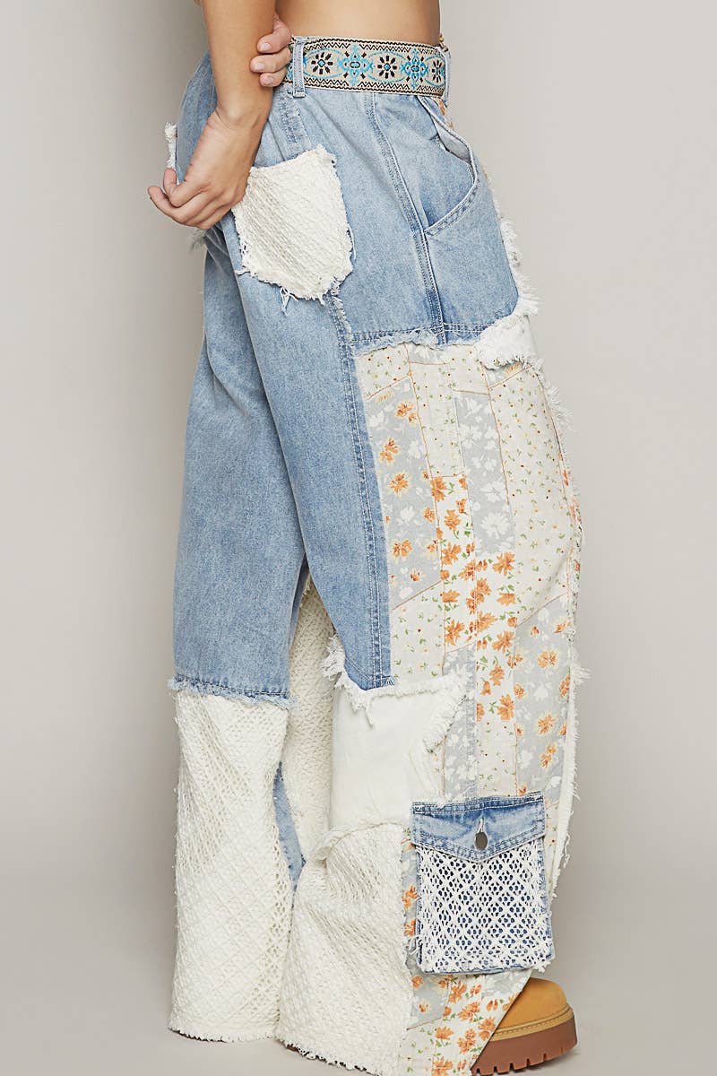 Pol Clothing Printed Patchwork Detail Woven Twill Pants