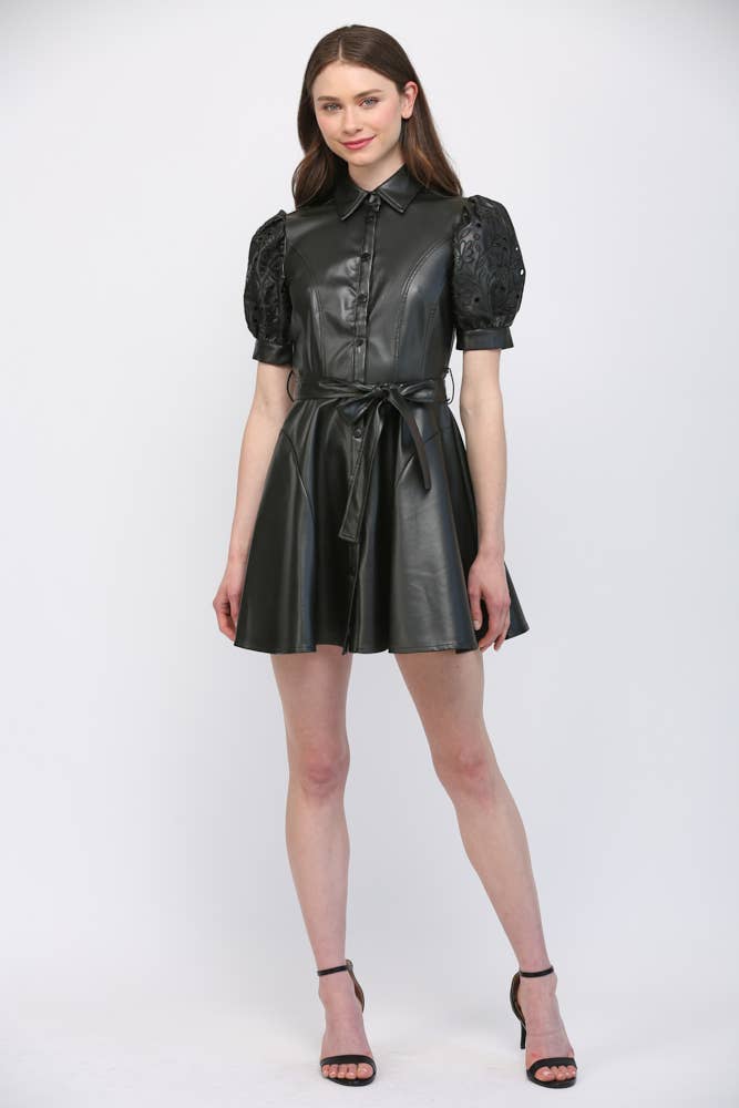 Faux Leather Embroidered Sleeve Dress