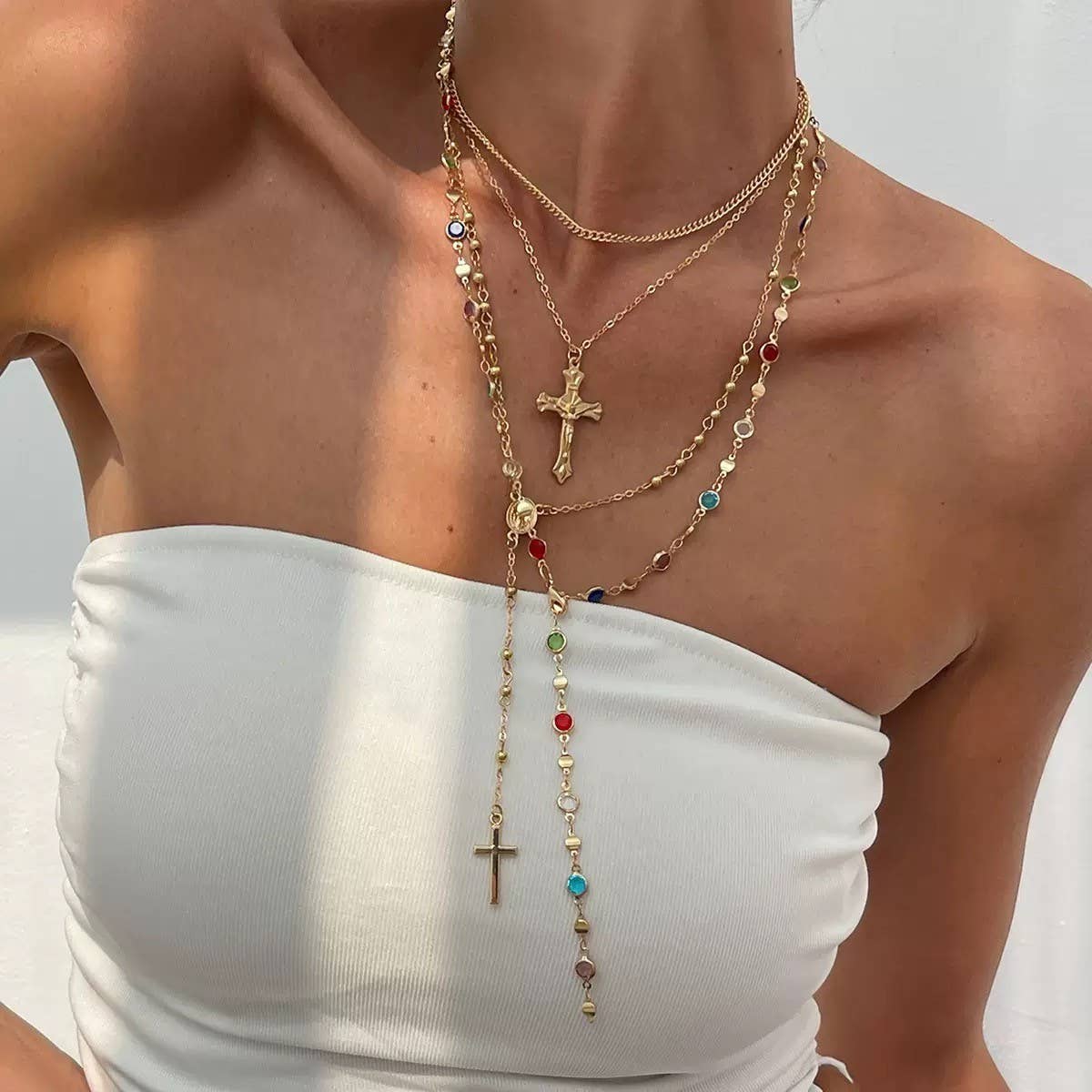 BOHO Y MULTI STONE CROSS LARIAT LAYER NECKLACE