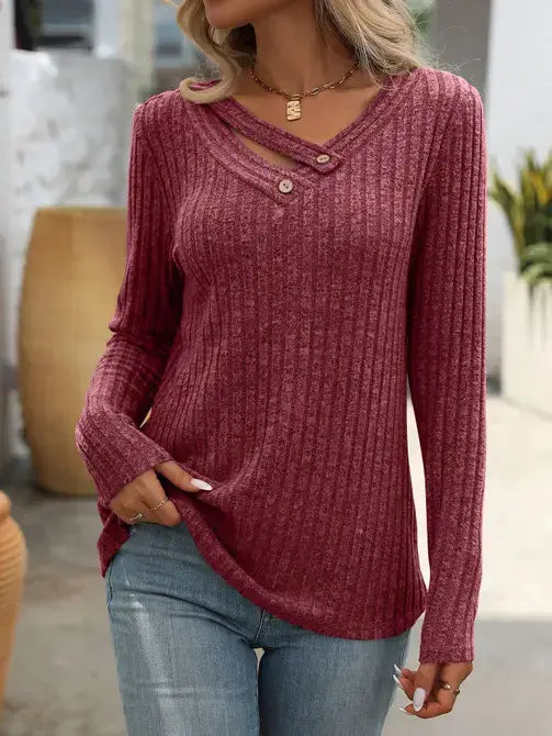 V-Neck Button Sweater with Long Sleeves