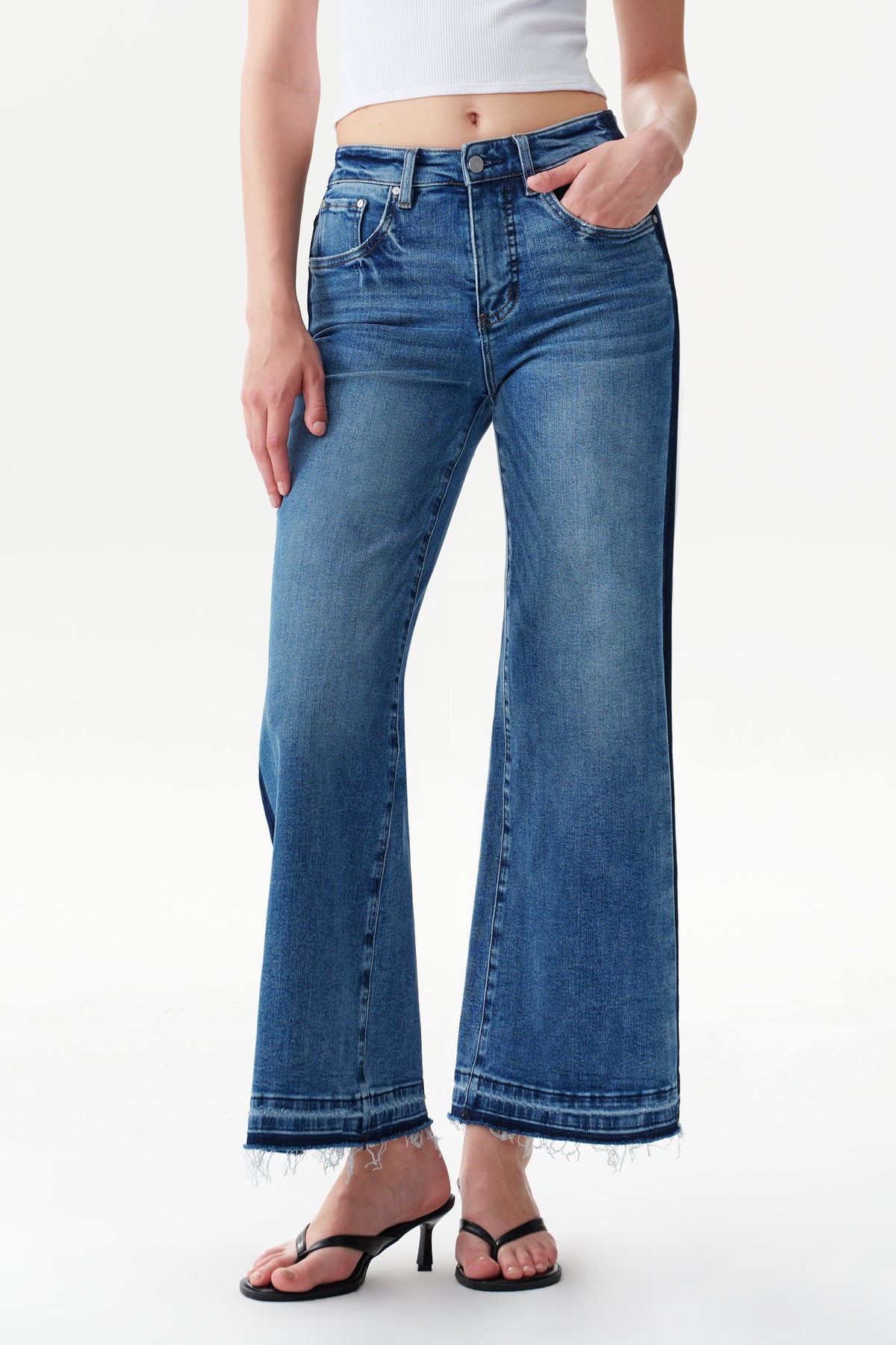 Mid Rise Wide Leg Jeans Side Stripe