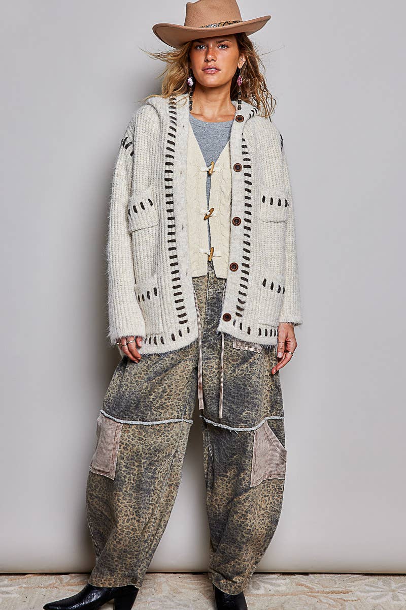Pol Hooded Button Front Contrast Stitch Pocket Cardigan