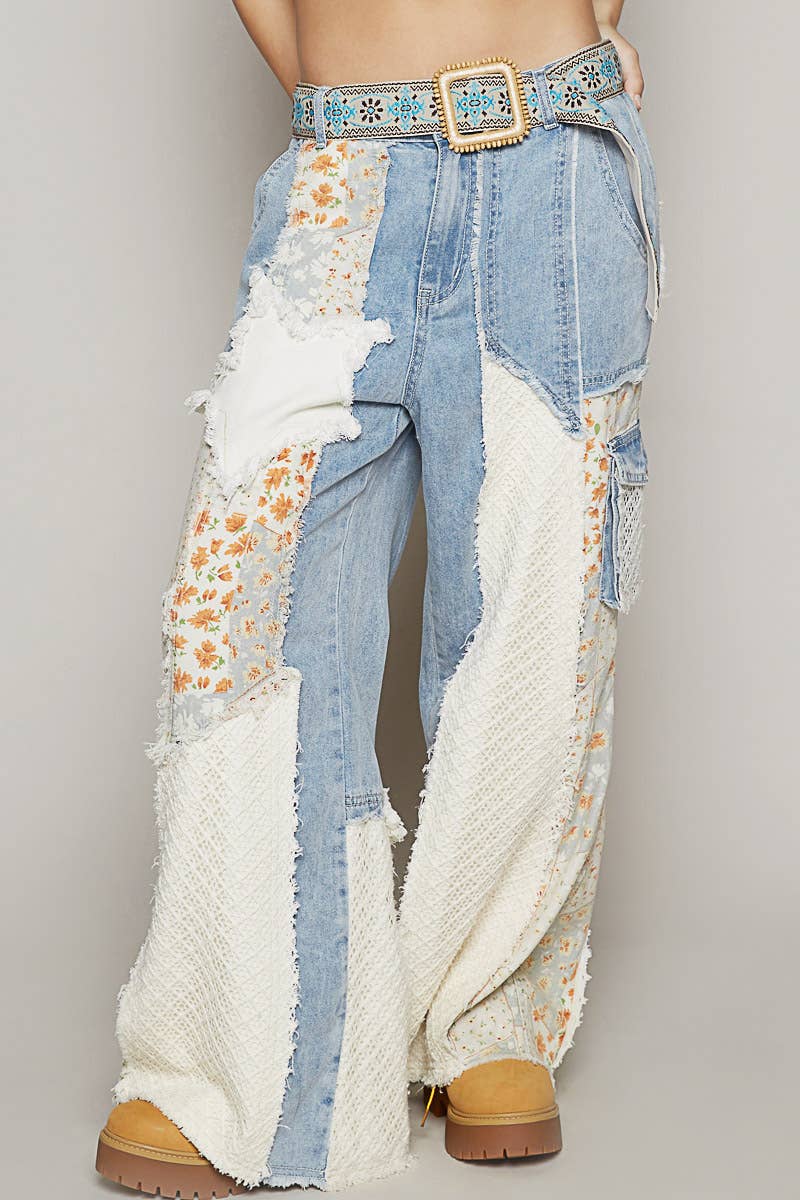 Pol Clothing Printed Patchwork Detail Woven Twill Pants