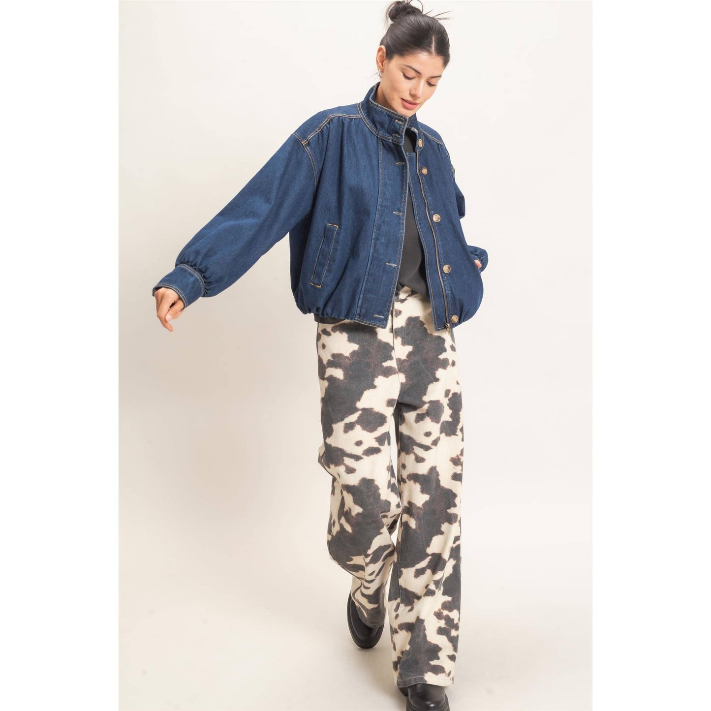 High Collar Denim Bomber Jacket