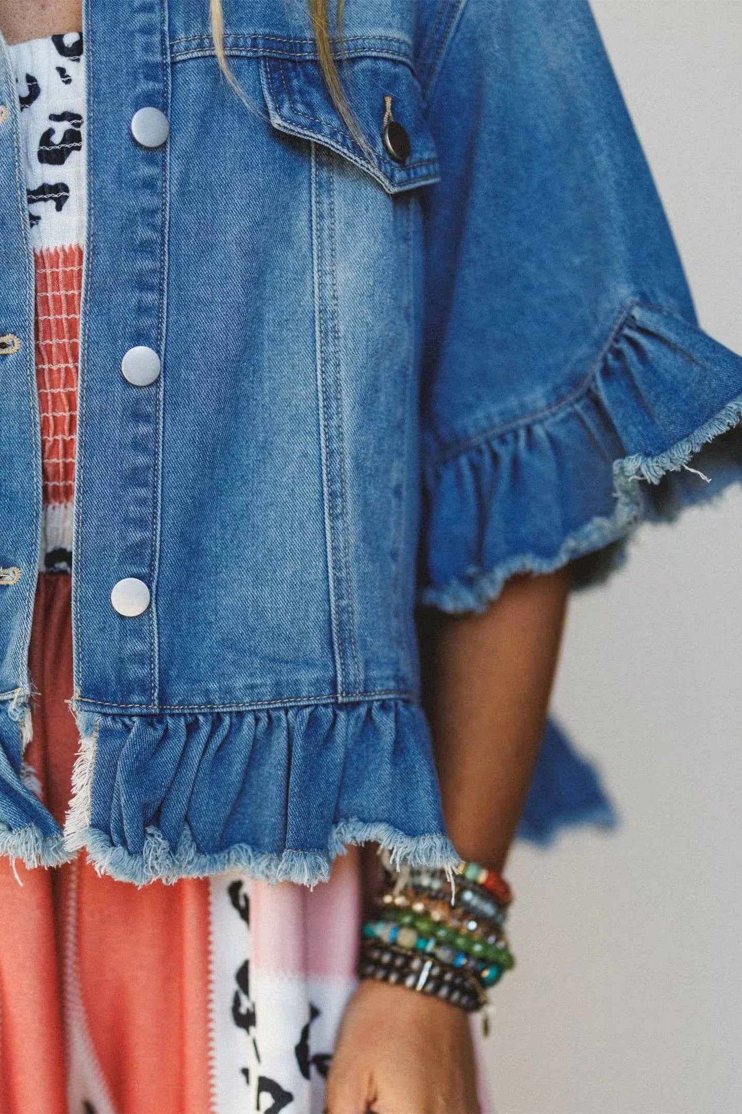 Ruffle Trim Cropped Western Denim Jacket Half Sleeve