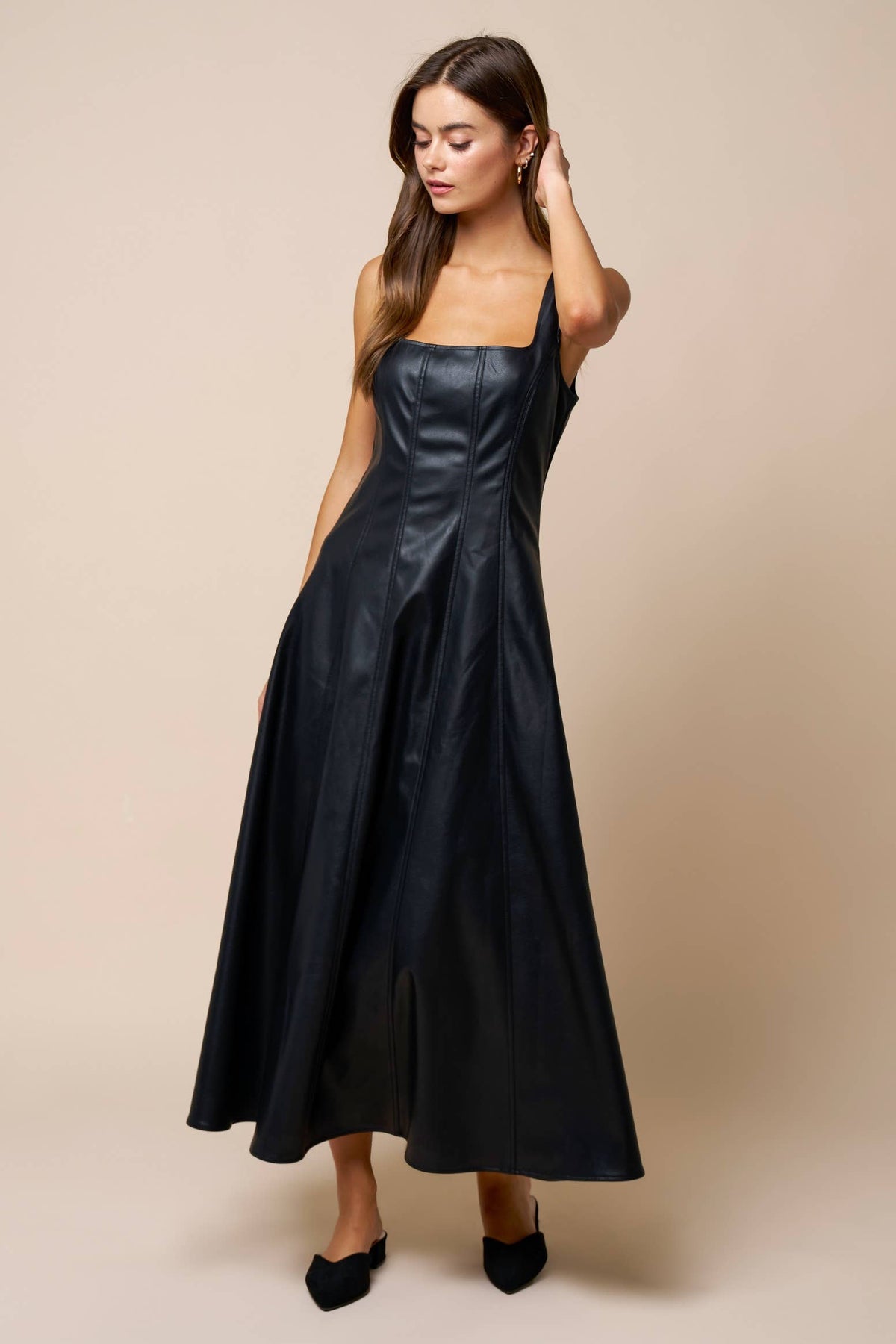 Faux Leather Sleeveless Flowy Maxi Dress