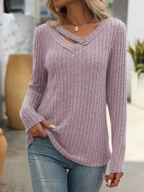 V-Neck Button Sweater with Long Sleeves