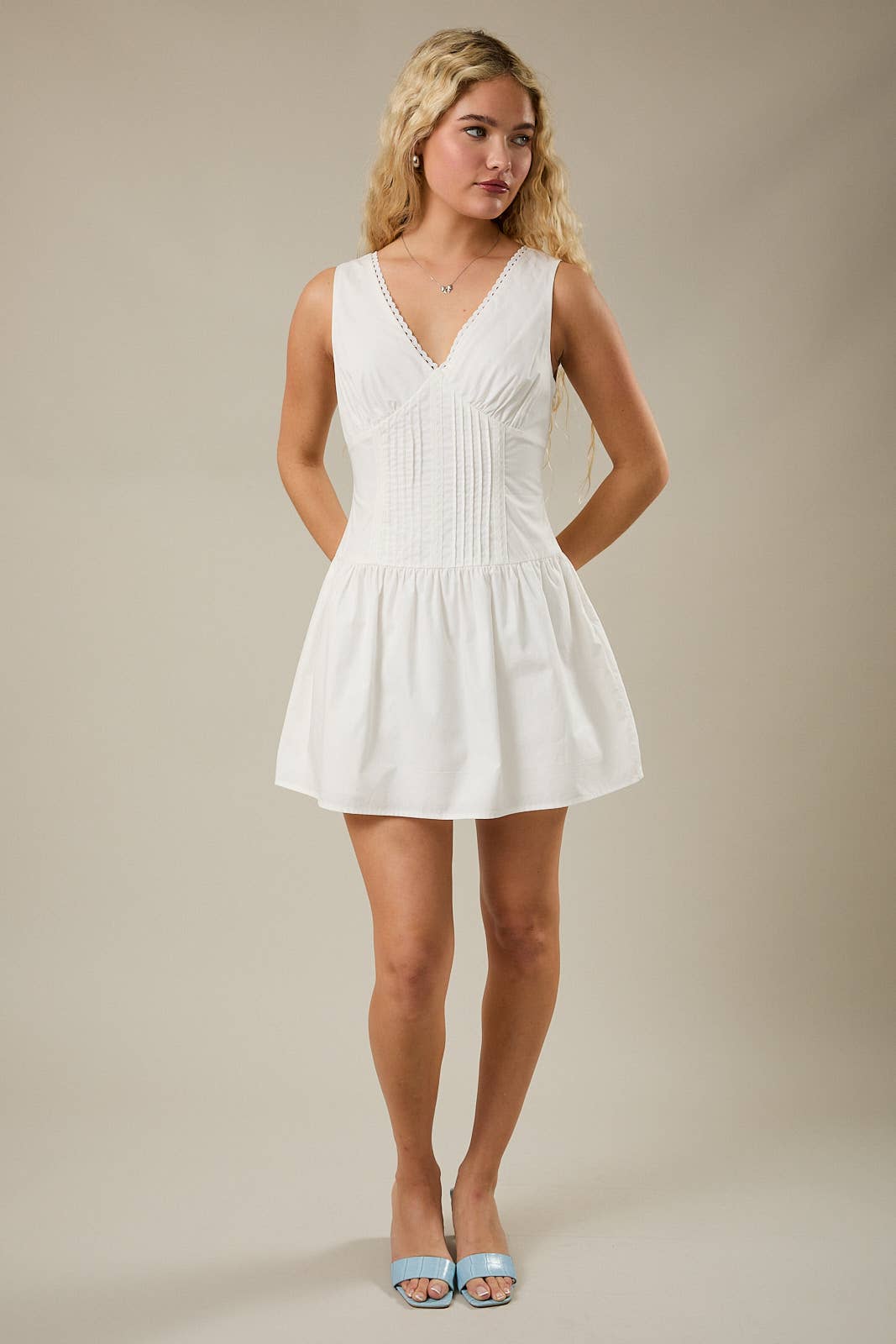 V-Neckline Poplin Mini Dress White Trim Detail