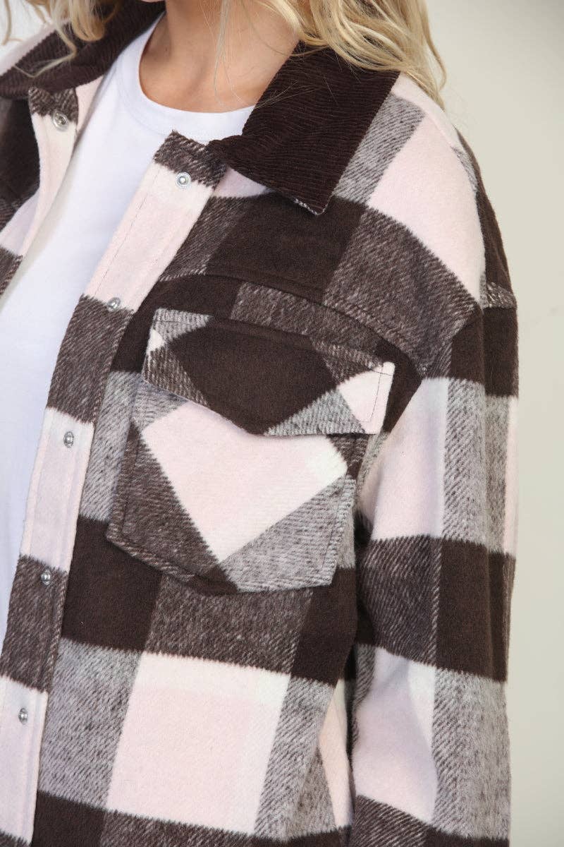 Wool Like Plaid Shacket With Contrast Corduroy Collar