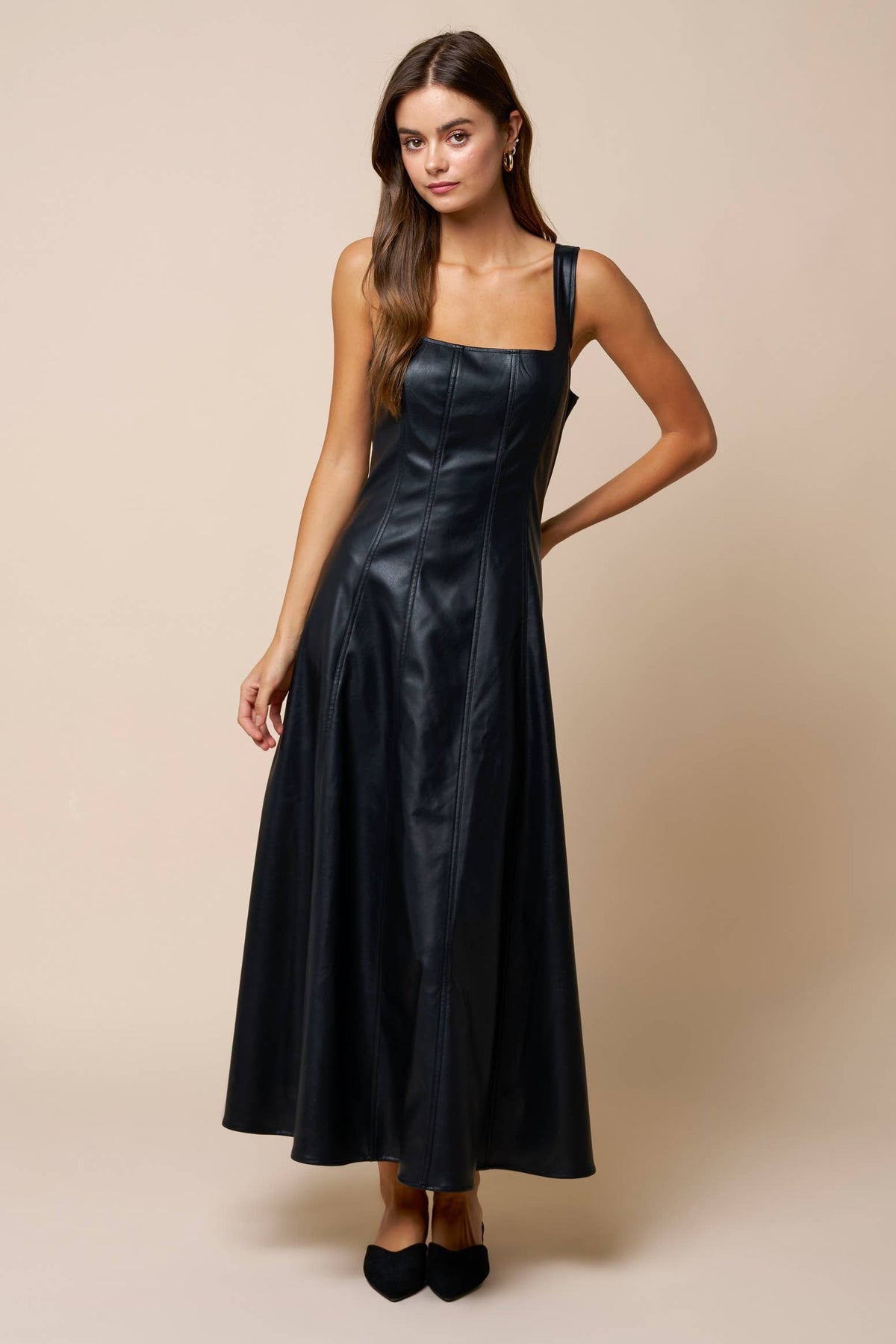Faux Leather Sleeveless Flowy Maxi Dress