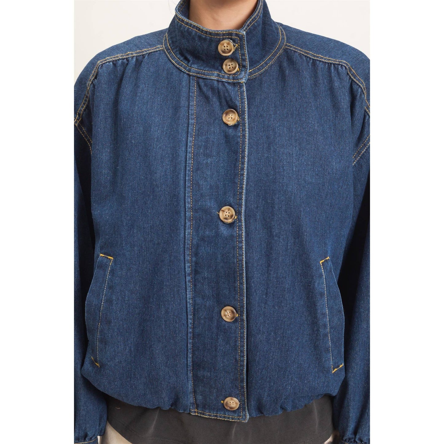 High Collar Denim Bomber Jacket