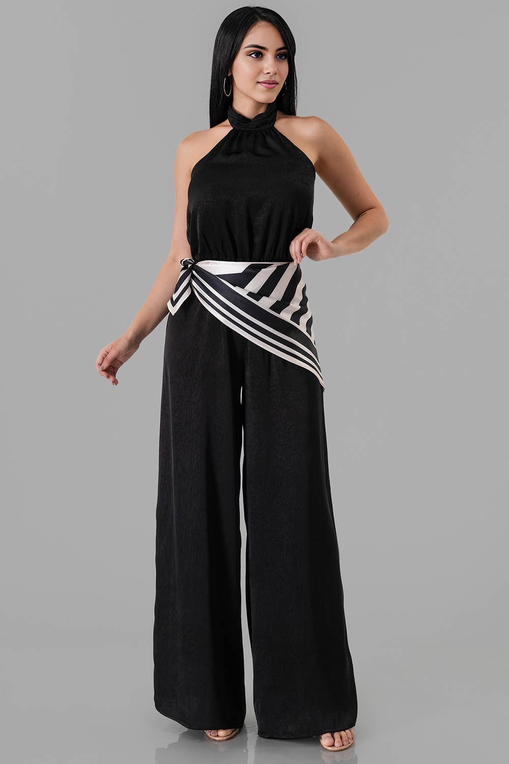 Satin Halter Neck Wide-Leg Jumpsuit with Scarf Detail