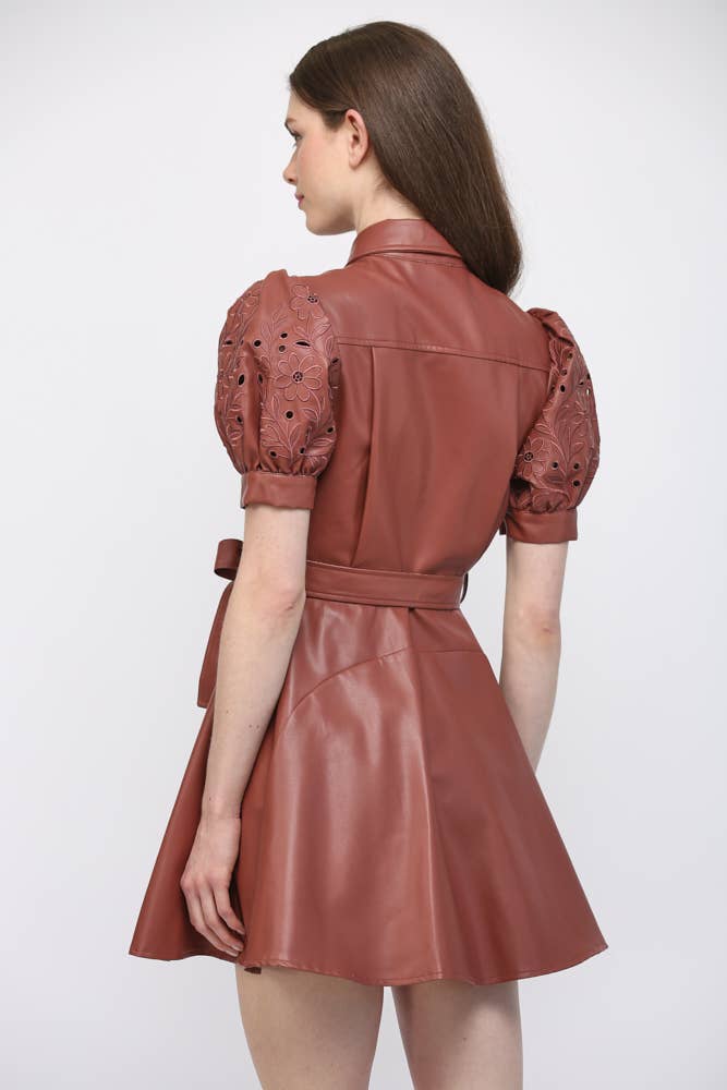 Faux Leather Embroidered Sleeve Dress