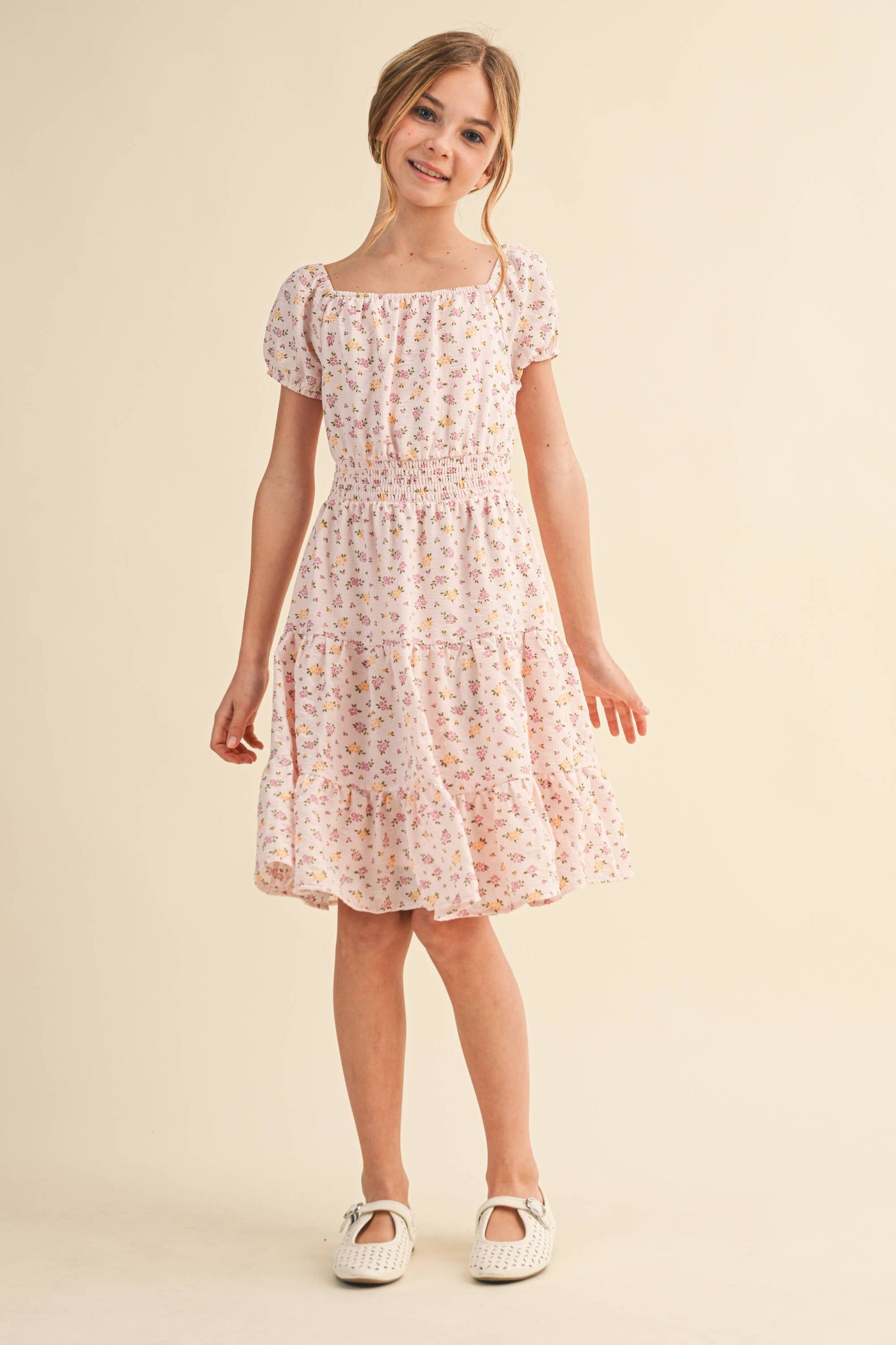 Tween Girls Peasant Puff Sleeve Smocked Waist