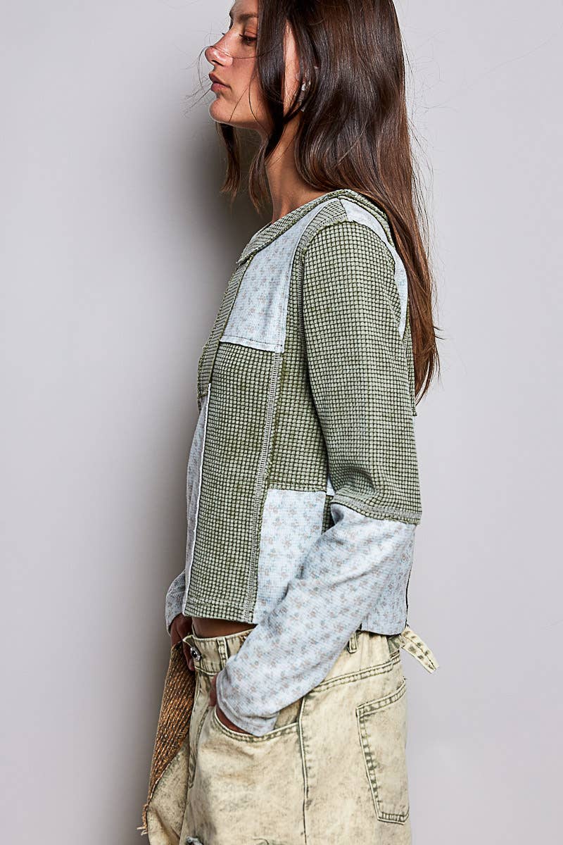 Pol Clothing Waffle Knit Contrast Patchwork Top