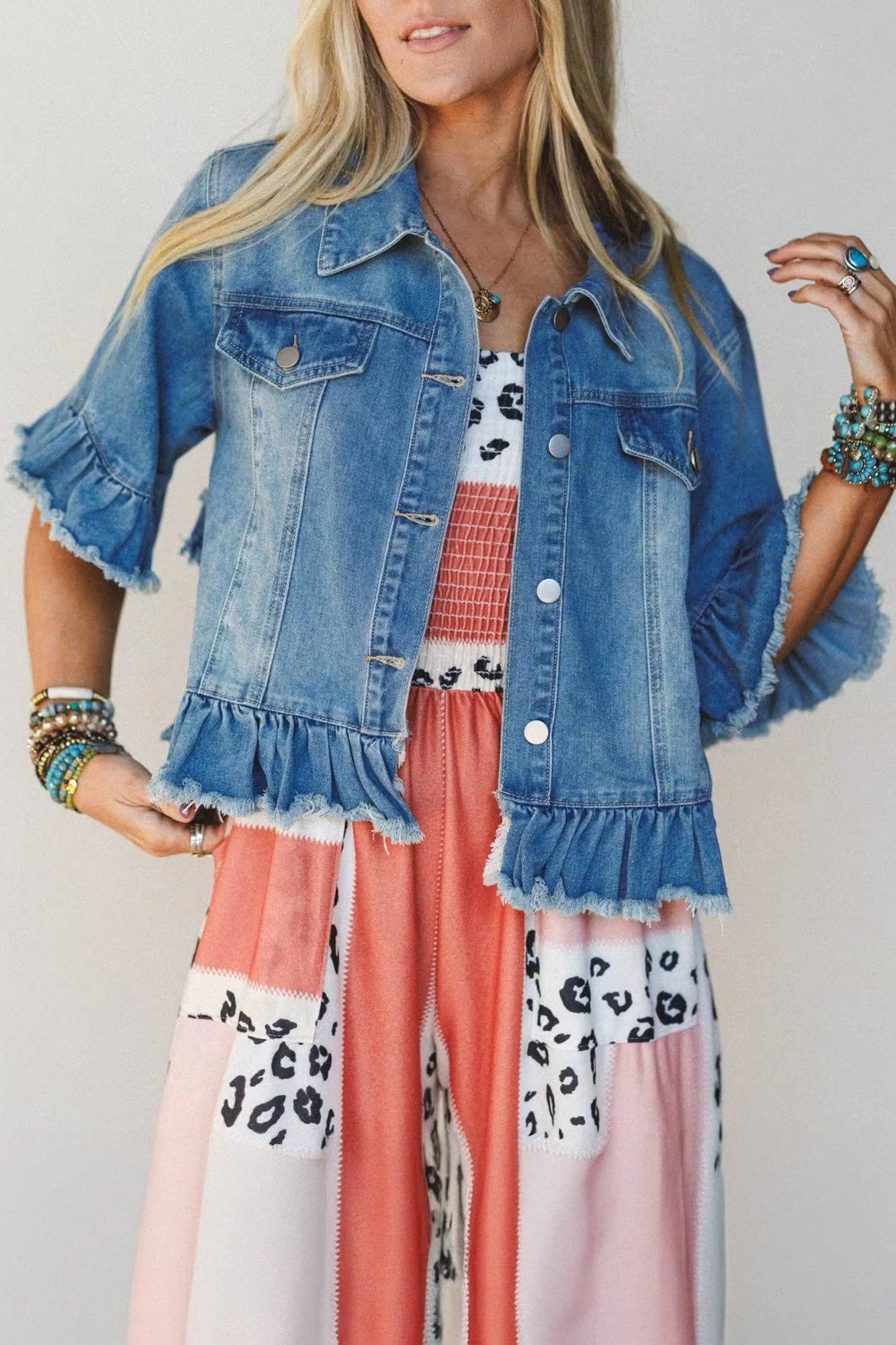 Ruffle Trim Cropped Western Denim Jacket Half Sleeve