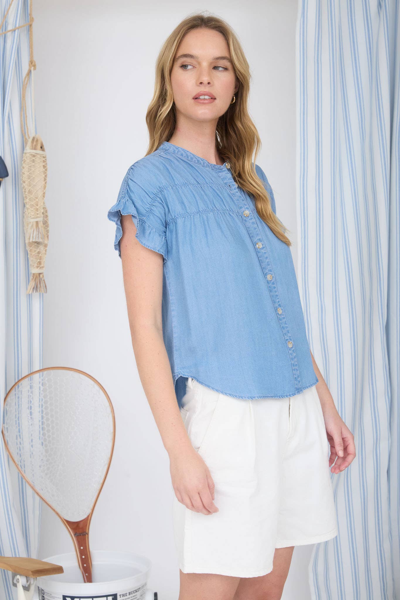 Blu Pepper Chambray Button Down Top