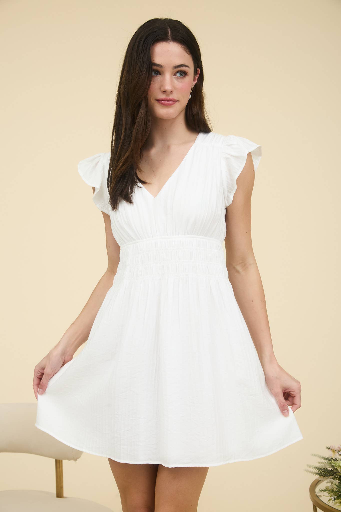 Blu Pepper V Neck Shirred Waist Ruffle Sleeve Mini Dress